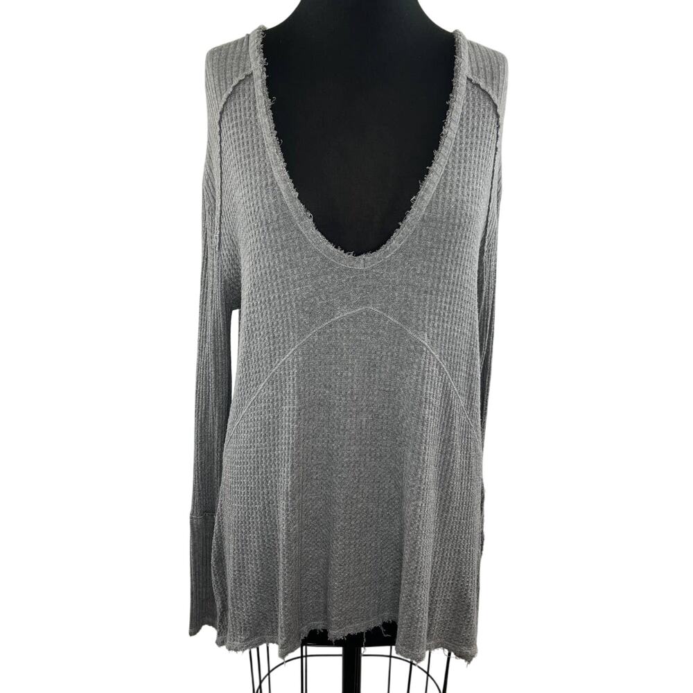 Free People Gray Drippy Thermal Sunset Park Waffle Knit Distressed Top Shirt M